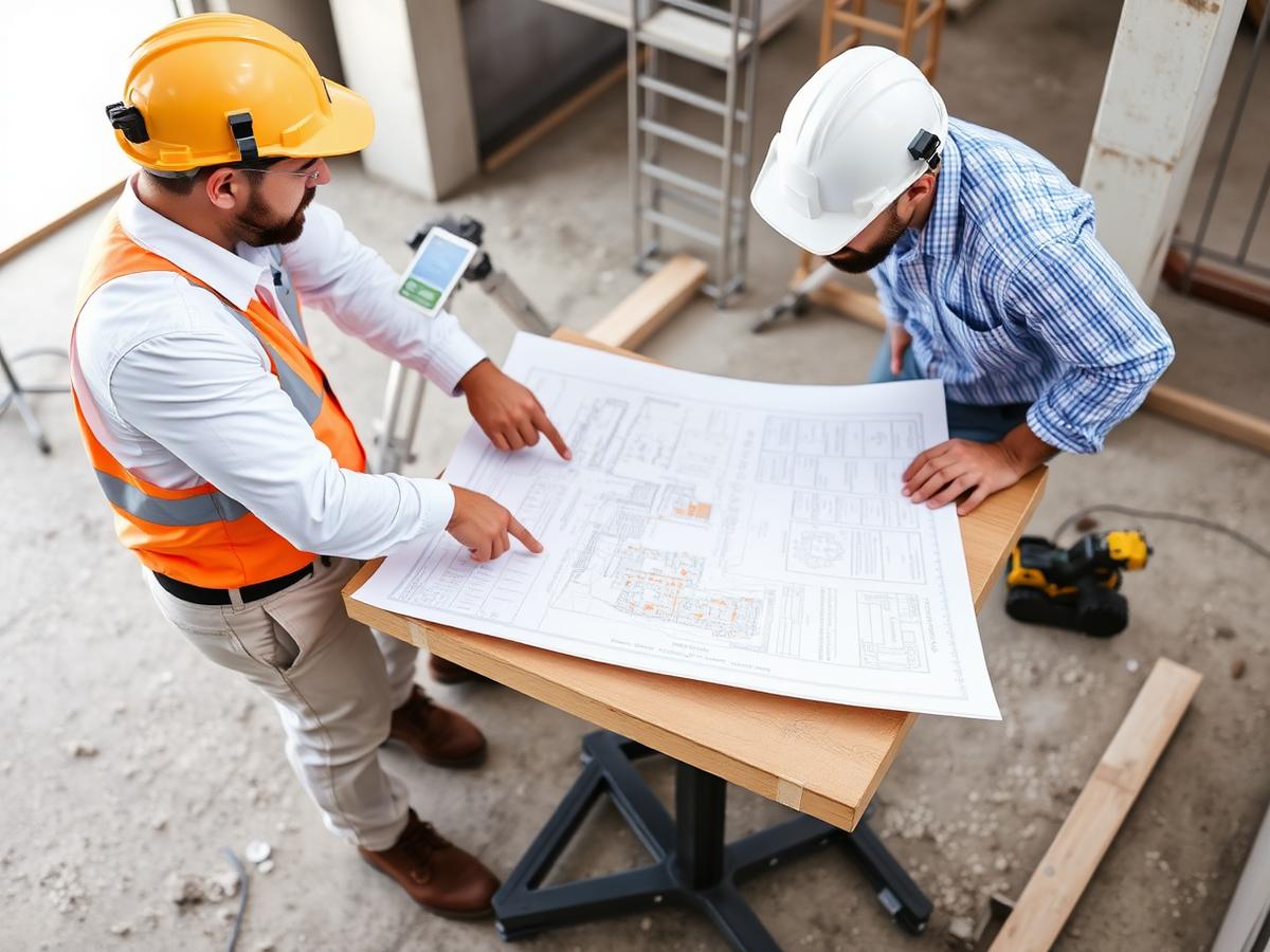 Geodeta i kierownik budowy analizujący dokumentację techniczną